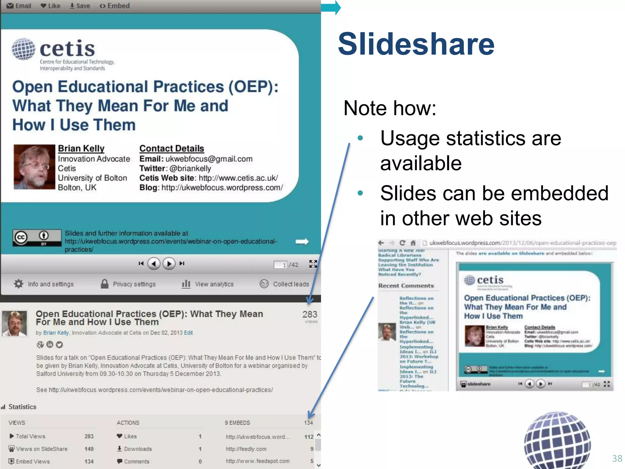 Slideshare
Note how:
• Usage statistics are
available
• Slides can be embedded
in other web sites

38

 
