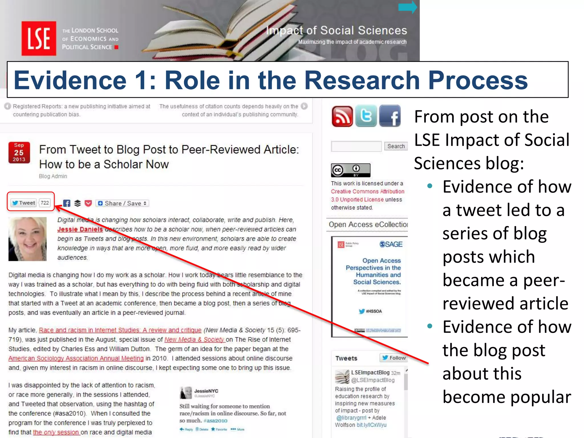 Evidence 1: Role in the Research Process
LSE Impact blog

From post on the
LSE Impact of Social
Sciences blog:
• Evidence of how
a tweet led to a
series of blog
posts which
became a peerreviewed article
• Evidence of how
the blog post
about this
become popular
48

 