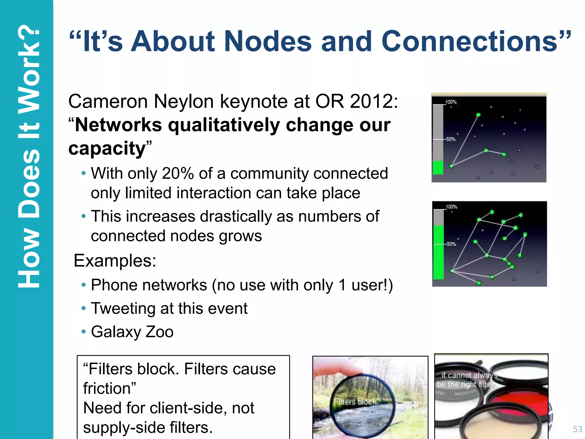 How Does It Work?

“It’s About Nodes and Connections”
Cameron Neylon keynote at OR 2012:
“Networks qualitatively change our
capacity”
• With only 20% of a community connected
only limited interaction can take place
• This increases drastically as numbers of
connected nodes grows

Examples:
• Phone networks (no use with only 1 user!)
• Tweeting at this event
• Galaxy Zoo
“Filters block. Filters cause
friction”
Need for client-side, not
supply-side filters.

53

 