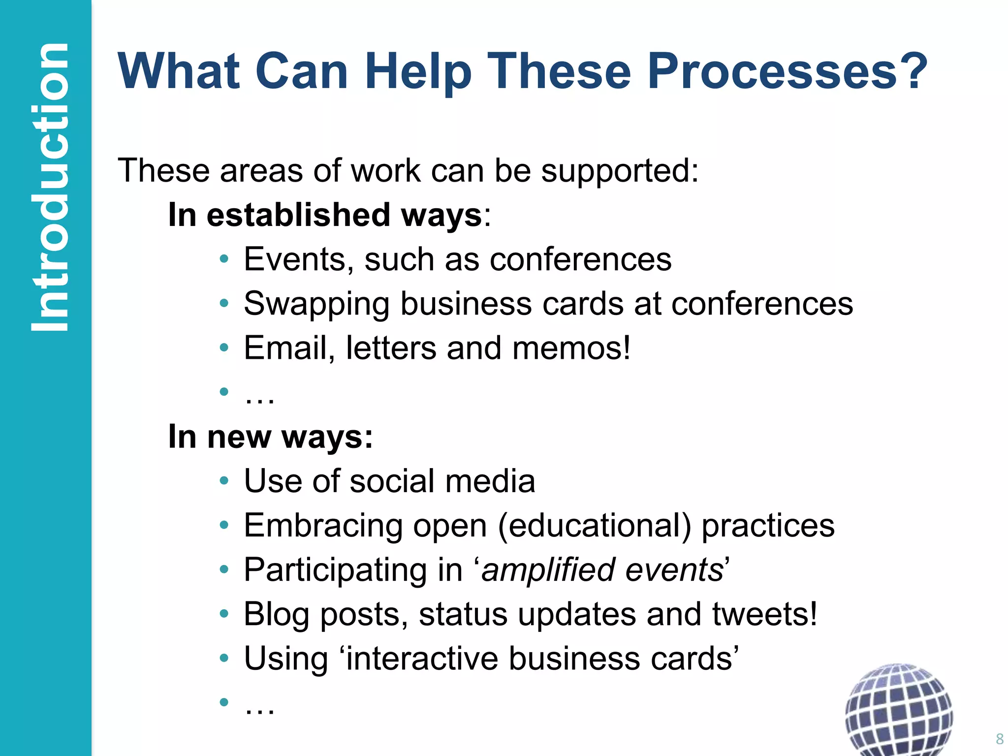 Introduction

What Can Help These Processes?
These areas of work can be supported:
In established ways:
• Events, such as conferences
• Swapping business cards at conferences
• Email, letters and memos!
•…
In new ways:
• Use of social media
• Embracing open (educational) practices
• Participating in „amplified events‟
• Blog posts, status updates and tweets!
• Using „interactive business cards‟
•…
8

 