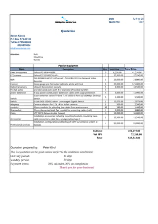 Date 12-Feb-20
Quote No: 1007
Quotation
Xenon Kenya
P.O Box 579-00100
Tel No:0735696069
:0726879034
info@xenonkenya.com
Attention: Ruth
iWayAfrica
Nairobi
Passive Equipmet
Item Description Qty Unit Price Total Price
Fixed lens camera Dahua IPC-HFW4431EP 5 8,250.00 41,250.00
PTZ camera Dahua PTZ SD59225U-HN 1 37,950.00 37,950.00
NVR
DHI-NVR4416-4KS2 16 Channel 1.5U 4K&H.265 Lite Network Video
Recorder
1 23,000.00 23,000.00
Cabinet Heavy gauge pre-fabricated cabinets, white with lock 5 25,000.00 125,000.00
Radio tranceivers Ubiquiti Nanostation locoM5 5 6,900.00 34,500.00
Pre-fab poles pre-fabricated poles with 4.5" diameter (Provided by MSF) 5 - -
power extension 4-way power outlet power extension cables with surge protection 5 3,000.00 15,000.00
Switch
5-port ethernet switch TP-Link TL-SF1005D 5-Port 10/100Mbps Desktop
Switch
5 1,100.00 5,500.00
Switch D-Link DGS-1024D 24-Port Unmanaged Gigabit Switch 1 12,075.00 12,075.00
Adapters Camera adapters for 12V 1A for bullet cameras 5 500.00 2,500.00
conduits 20mm conduits for shielding the cables from environment 30 180.00 5,400.00
flex conduit 25mm diamenter black flex conduit for protecting cables (roll) 1 3,000.00 3,000.00
Cable UTP CAT 6 Network cable (boxes) 3 12,000.00 36,000.00
Accessories
Installation accessories including mounting brackets, insulating tape,
cable connectors, cable ties, amalgamating tape-)
1 15,500.00 15,500.00
Professional services
Installation, configuration and testing of CCTV surveillance system at
Dadaab.
1 95,000.00 95,000.00
Subtotal 451,675.00
Vat 16% 72,268.00
Total 523,943.00
Quotation prepared by: Peter Kirui
This is a quotation on the goods named subject to the conditions noted below;
Delivery period: 14 days
Validity period: 30 days
Payment terms: 70% on order, 30% on completion
Thank you for your business!
 