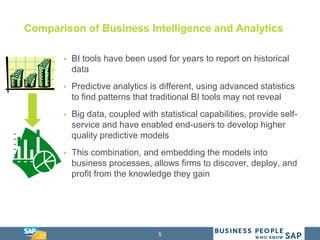 5
Comparison of Business Intelligence and Analytics
 BI tools have been used for years to report on historical
data
 Predictive analytics is different, using advanced statistics
to find patterns that traditional BI tools may not reveal
 Big data, coupled with statistical capabilities, provide self-
service and have enabled end-users to develop higher
quality predictive models
 This combination, and embedding the models into
business processes, allows firms to discover, deploy, and
profit from the knowledge they gain
 
