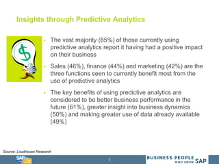 7
Insights through Predictive Analytics
 The vast majority (85%) of those currently using
predictive analytics report it having had a positive impact
on their business
 Sales (46%), finance (44%) and marketing (42%) are the
three functions seen to currently benefit most from the
use of predictive analytics
 The key benefits of using predictive analytics are
considered to be better business performance in the
future (61%), greater insight into business dynamics
(50%) and making greater use of data already available
(49%)
Source: Loudhouse Research
 