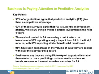 9
Business is Paying Attention to Predictive Analytics
Key Points:
 90% of organizations agree that predictive analytics (PA) give
them a competitive advantage
 60% of those surveyed agree that PA is currently an investment
priority, while 80% think it will be a crucial investment in the next
5 years
 Those who invested in PA are seeing a quick return on
investment – 30% reporting a major impact from PA in the first 6
months, with 50% reporting similar benefits 6-9 months out
 95% have seen an increase in the volume of data they are dealing
with over the last year (“big data”)
 Businesses say they are using PA to exploit opportunities rather
than minimize risk – predicting customer needs and market
trends are seen as the most valuable scenarios for PA
Source: Loudhouse research agency study in 2013, sponsored by SAP
SAP Newsbyte – Dec. 4, 2013
 