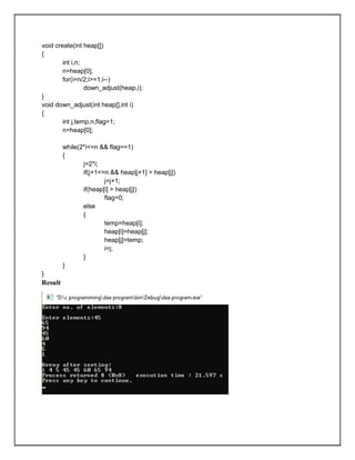 void create(int heap[])
{
int i,n;
n=heap[0];
for(i=n/2;i>=1;i--)
down_adjust(heap,i);
}
void down_adjust(int heap[],int i)
{
int j,temp,n,flag=1;
n=heap[0];
while(2*i<=n && flag==1)
{
j=2*i;
if(j+1<=n && heap[j+1] > heap[j])
j=j+1;
if(heap[i] > heap[j])
flag=0;
else
{
temp=heap[i];
heap[i]=heap[j];
heap[j]=temp;
i=j;
}
}
}
Result
 