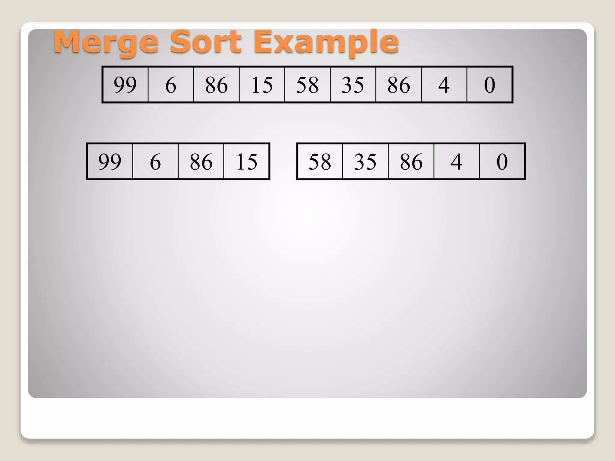 Merge Sort Example
99 6 86 15 58 35 86 4 0
99 6 86 15 58 35 86 4 0
 