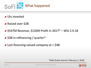 Page 32 Ó 2019 Ulu Ventures. All rights reserved.
Ulu invested
Raised over $2B
$547M Revenue, $126M Profit in 2017* – WSJ 2.9.18
$3B in refinancing / quarter*
Last financing valued company at > $4B
What happened
*Wall Street Journal: February 2, 2018.
 