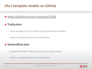 Page 61 Ó 2019 Ulu Ventures. All rights reserved.
Ulu’s template models on GitHub
https://github.com/ulu-ventures/VCDA
Truthy.xlsm
– Same template Ulu uses. Need to change Market Size variables.
– Built in tornado & decision tree functionality
VentureDeal.xlsm
– Simplified template. Market Size is one input with a range
– Built in tornado & decision tree functionality
 