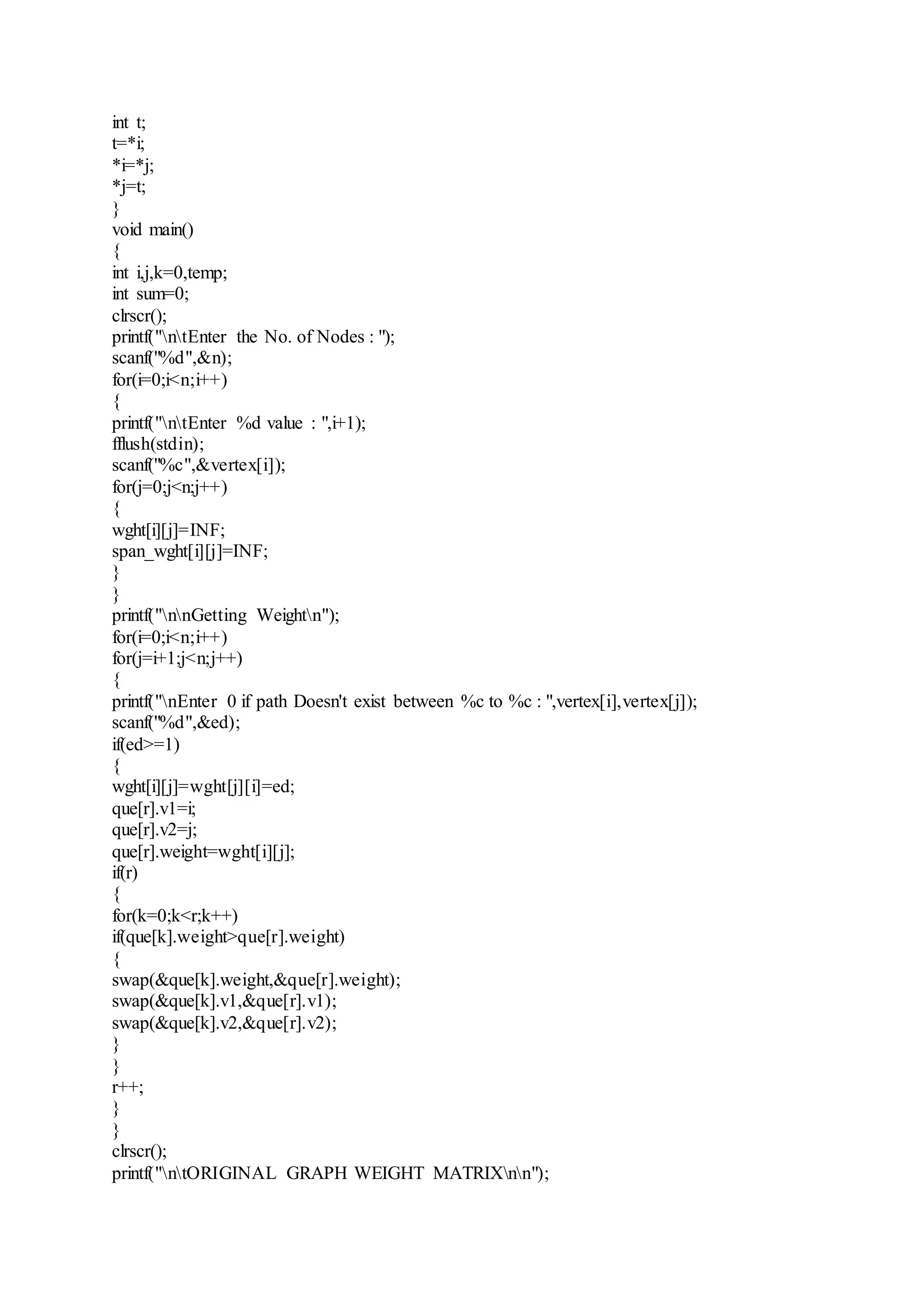 int t; 
t=*i; 
*i=*j; 
*j=t; 
} 
void main() 
{ 
int i,j,k=0,temp; 
int sum=0; 
clrscr(); 
printf("ntEnter the No. of Nodes : "); 
scanf("%d",&n); 
for(i=0;i<n;i++) 
{ 
printf("ntEnter %d value : ",i+1); 
fflush(stdin); 
scanf("%c",&vertex[i]); 
for(j=0;j<n;j++) 
{ 
wght[i][j]=INF; 
span_wght[i][j]=INF; 
} 
} 
printf("nnGetting Weightn"); 
for(i=0;i<n;i++) 
for(j=i+1;j<n;j++) 
{ 
printf("nEnter 0 if path Doesn't exist between %c to %c : ",vertex[i],vertex[j]); 
scanf("%d",&ed); 
if(ed>=1) 
{ 
wght[i][j]=wght[j][i]=ed; 
que[r].v1=i; 
que[r].v2=j; 
que[r].weight=wght[i][j]; 
if(r) 
{ 
for(k=0;k<r;k++) 
if(que[k].weight>que[r].weight) 
{ 
swap(&que[k].weight,&que[r].weight); 
swap(&que[k].v1,&que[r].v1); 
swap(&que[k].v2,&que[r].v2); 
} 
} 
r++; 
} 
} 
clrscr(); 
printf("ntORIGINAL GRAPH WEIGHT MATRIXnn"); 
 