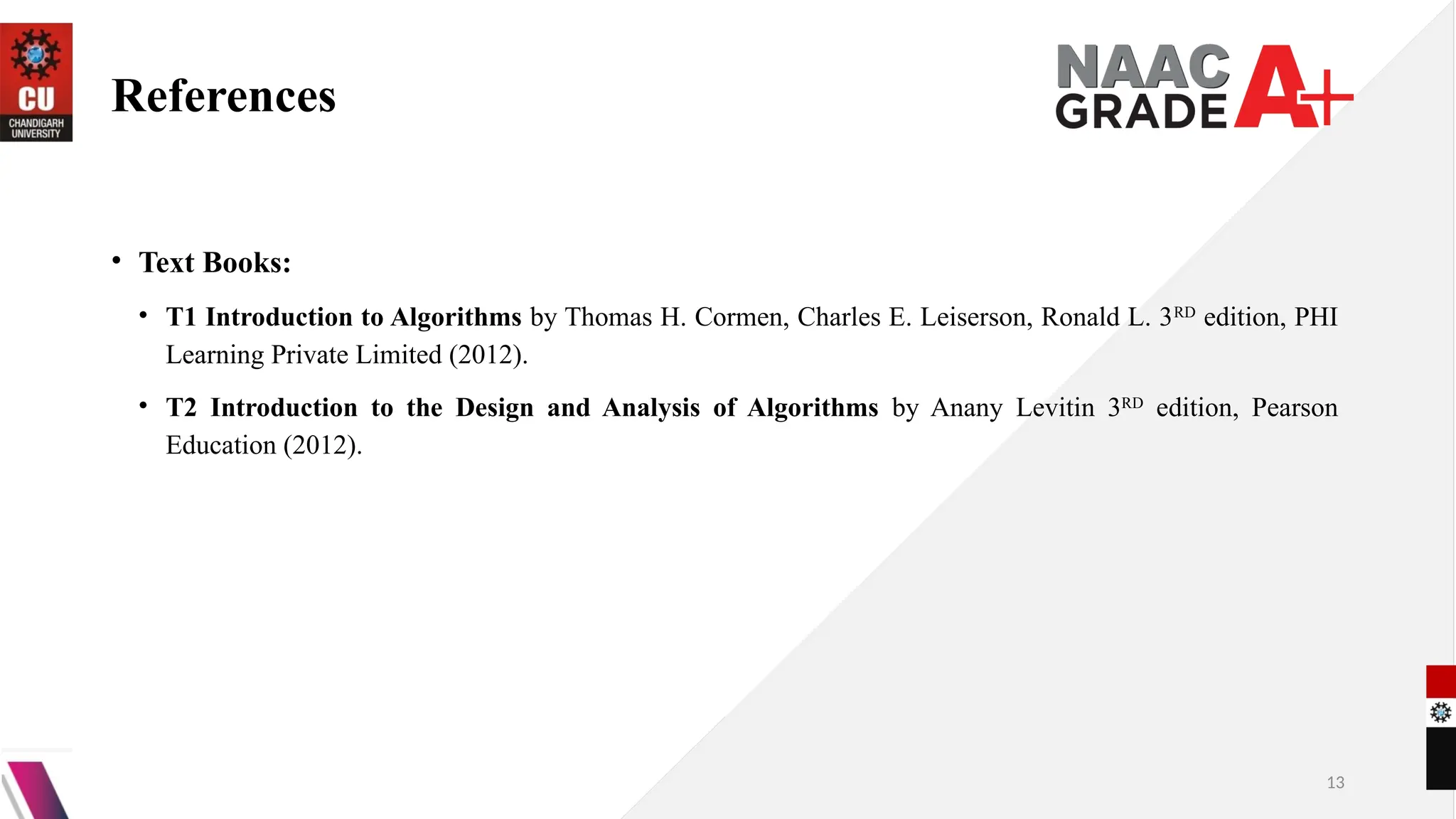 References
• Text Books:
• T1 Introduction to Algorithms by Thomas H. Cormen, Charles E. Leiserson, Ronald L. 3RD
edition, PHI
Learning Private Limited (2012).
• T2 Introduction to the Design and Analysis of Algorithms by Anany Levitin 3RD
edition, Pearson
Education (2012).
13
 