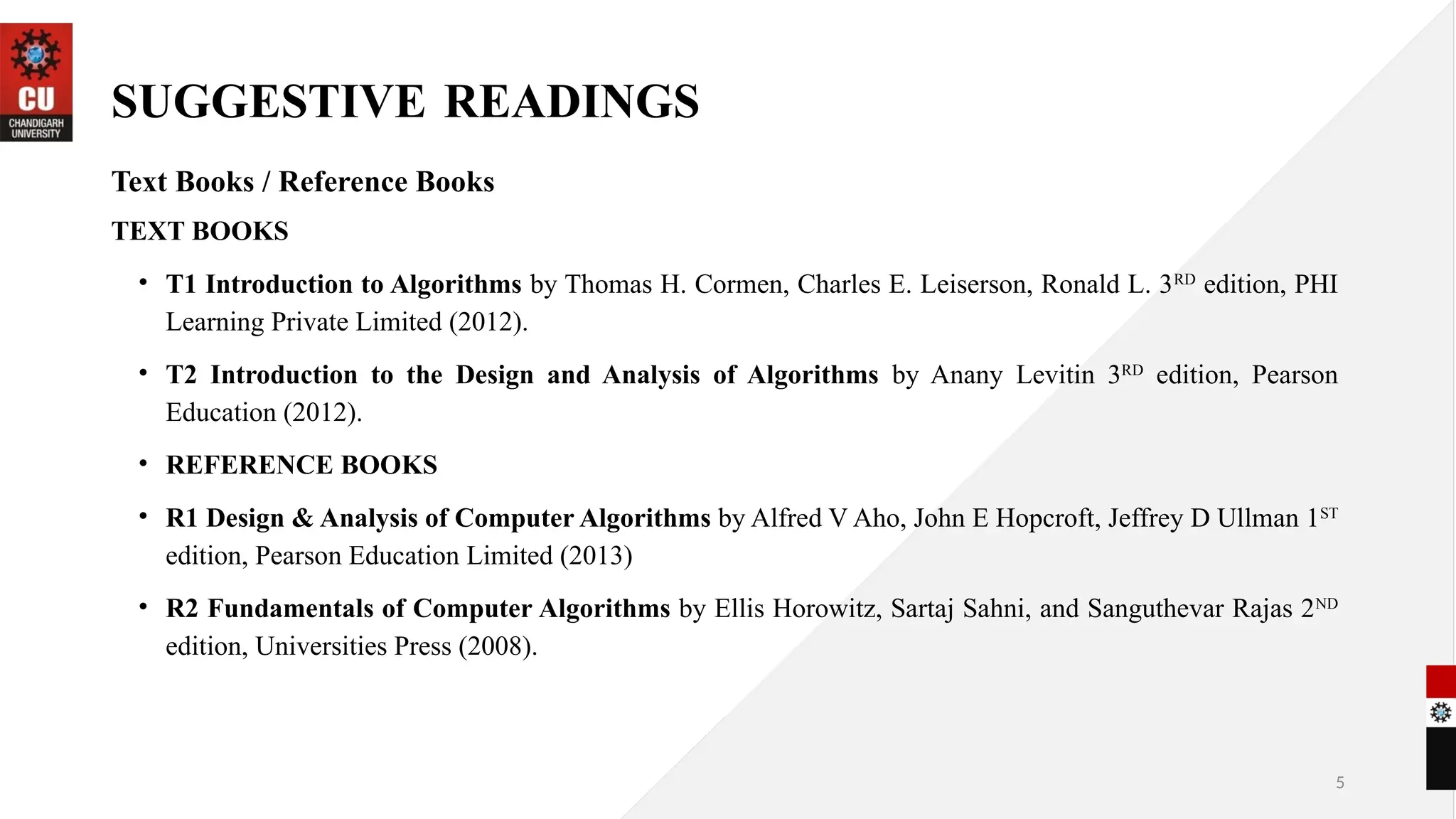 5
SUGGESTIVE READINGS
Text Books / Reference Books
TEXT BOOKS
• T1 Introduction to Algorithms by Thomas H. Cormen, Charles E. Leiserson, Ronald L. 3RD
edition, PHI
Learning Private Limited (2012).
• T2 Introduction to the Design and Analysis of Algorithms by Anany Levitin 3RD
edition, Pearson
Education (2012).
• REFERENCE BOOKS
• R1 Design & Analysis of Computer Algorithms by Alfred V Aho, John E Hopcroft, Jeffrey D Ullman 1ST
edition, Pearson Education Limited (2013)
• R2 Fundamentals of Computer Algorithms by Ellis Horowitz, Sartaj Sahni, and Sanguthevar Rajas 2ND
edition, Universities Press (2008).
 
