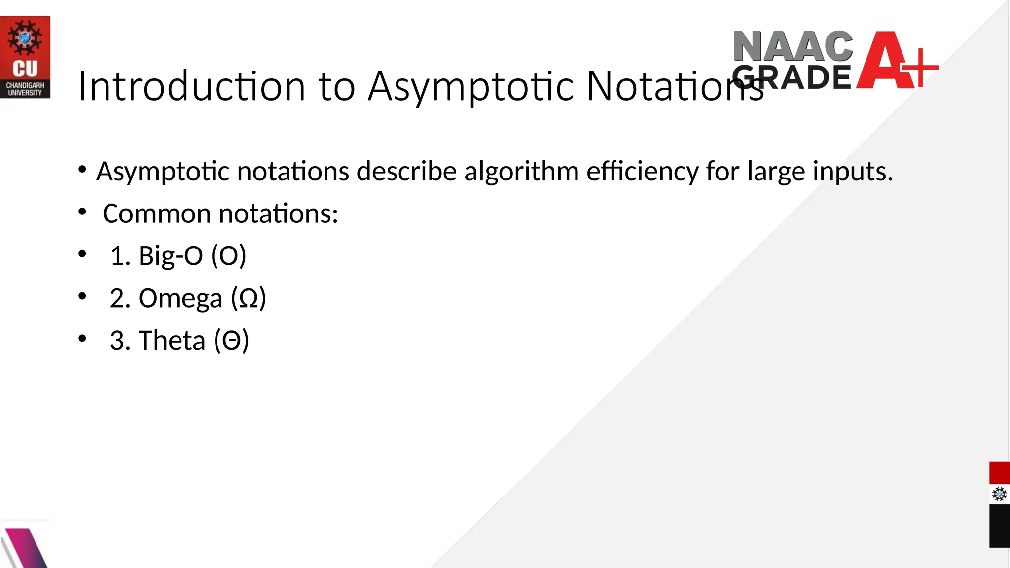 Introduction to Asymptotic Notations
• Asymptotic notations describe algorithm efficiency for large inputs.
• Common notations:
• 1. Big-O (O)
• 2. Omega (Ω)
• 3. Theta (Θ)
 