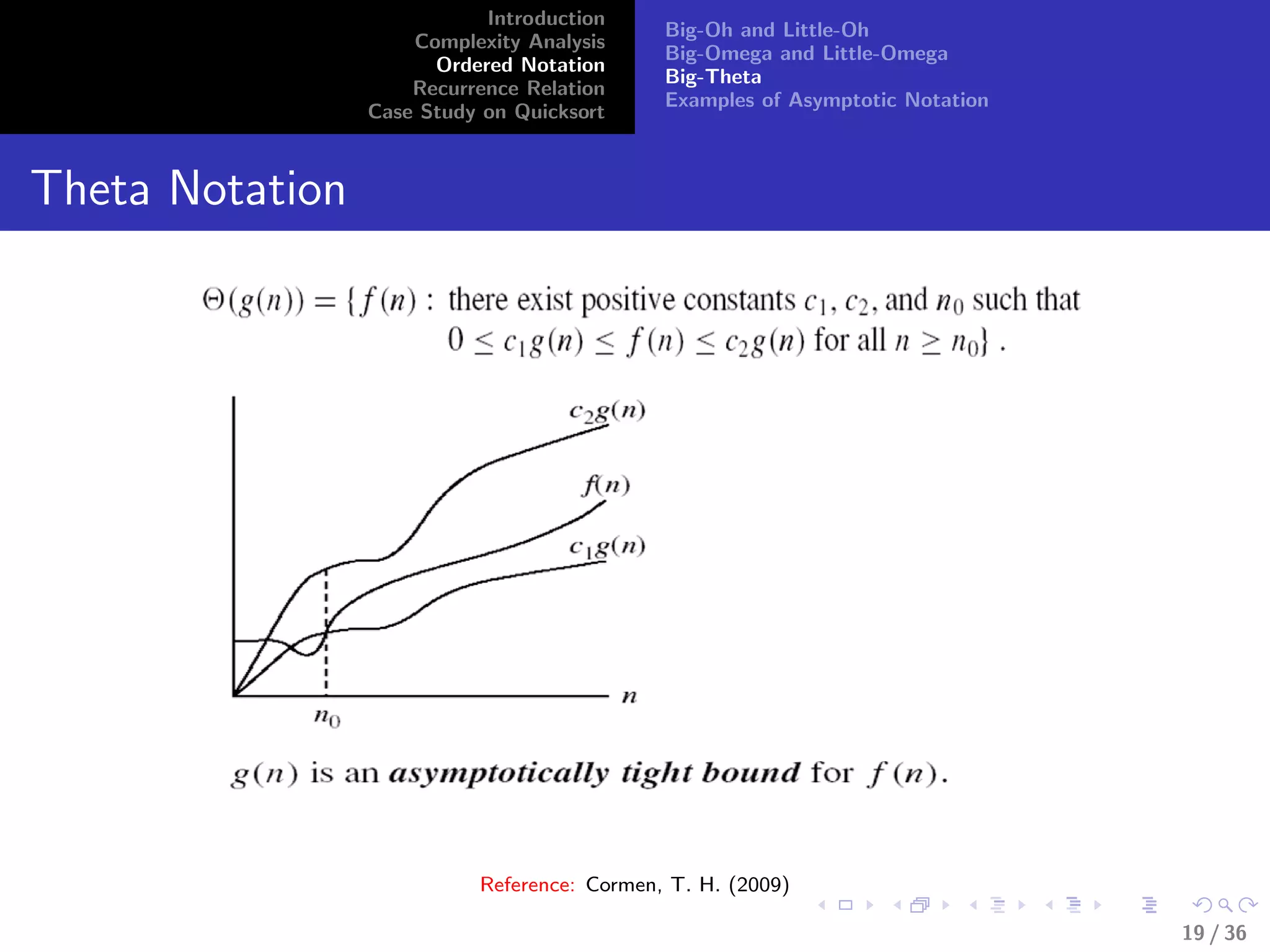 Introduction
Complexity Analysis
Ordered Notation
Recurrence Relation
Case Study on Quicksort
Big-Oh and Little-Oh
Big-Omega and Little-Omega
Big-Theta
Examples of Asymptotic Notation
Theta Notation
Reference: Cormen, T. H. (2009)
19 / 36
 