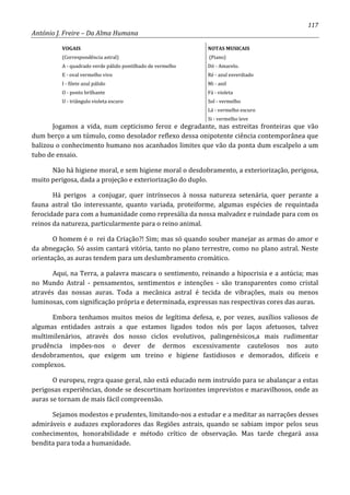 117
António J. Freire – Da Alma Humana
VOGAIS NOTAS MUSICAIS
(Correspondência astral) (Piano)
A - quadrado verde pálido pontilhado de vermelho Dó - Amarelo.
E - oval vermelho vivo Ré - azul esverdiado
I - filete azul pálido Mi - anil
O - ponto brilhante Fá - violeta
U - triângulo violeta escuro Sol - vermelho
Lá - vermelho escuro
Si - vermelho leve
Jogamos a vida, num cepticismo feroz e degradante, nas estreitas fronteiras que vão
dum berço a um túmulo, como desolador reflexo dessa onipotente ciência contemporânea que
balizou o conhecimento humano nos acanhados limites que vão da ponta dum escalpelo a um
tubo de ensaio.
Não há higiene moral, e sem higiene moral o desdobramento, a exteriorização, perigosa,
muito perigosa, dada a projeção e exteriorização do duplo.
Há perigos a conjugar, quer intrínsecos à nossa natureza setenária, quer perante a
fauna astral tão interessante, quanto variada, proteiforme, algumas espécies de requintada
ferocidade para com a humanidade como represália da nossa malvadez e ruindade para com os
reinos da natureza, particularmente para o reino animal.
O homem é o rei da Criação?! Sim; mas só quando souber manejar as armas do amor e
da abnegação. Só assim cantará vitória, tanto no plano terrestre, como no plano astral. Neste
orientação, as auras tendem para um deslumbramento cromático.
Aqui, na Terra, a palavra mascara o sentimento, reinando a hipocrisia e a astúcia; mas
no Mundo Astral - pensamentos, sentimentos e intenções - são transparentes como cristal
através das nossas auras. Toda a mecânica astral é tecida de vibrações, mais ou menos
luminosas, com significação própria e determinada, expressas nas respectivas cores das auras.
Embora tenhamos muitos meios de legítima defesa, e, por vezes, auxílios valiosos de
algumas entidades astrais a que estamos ligados todos nós por laços afetuosos, talvez
multimilenários, através dos nosso ciclos evolutivos, palingenésicos,a mais rudimentar
prudência impões-nos o dever de dermos excessivamente cautelosos nos auto
desdobramentos, que exigem um treino e higiene fastidiosos e demorados, difíceis e
complexos.
O europeu, regra quase geral, não está educado nem instruído para se abalançar a estas
perigosas experiências, donde se descortinam horizontes imprevistos e maravilhosos, onde as
auras se tornam de mais fácil compreensão.
Sejamos modestos e prudentes, limitando-nos a estudar e a meditar as narrações desses
admiráveis e audazes exploradores das Regiões astrais, quando se sabiam impor pelos seus
conhecimentos, honorabilidade e método crítico de observação. Mas tarde chegará assa
bendita para toda a humanidade.
 