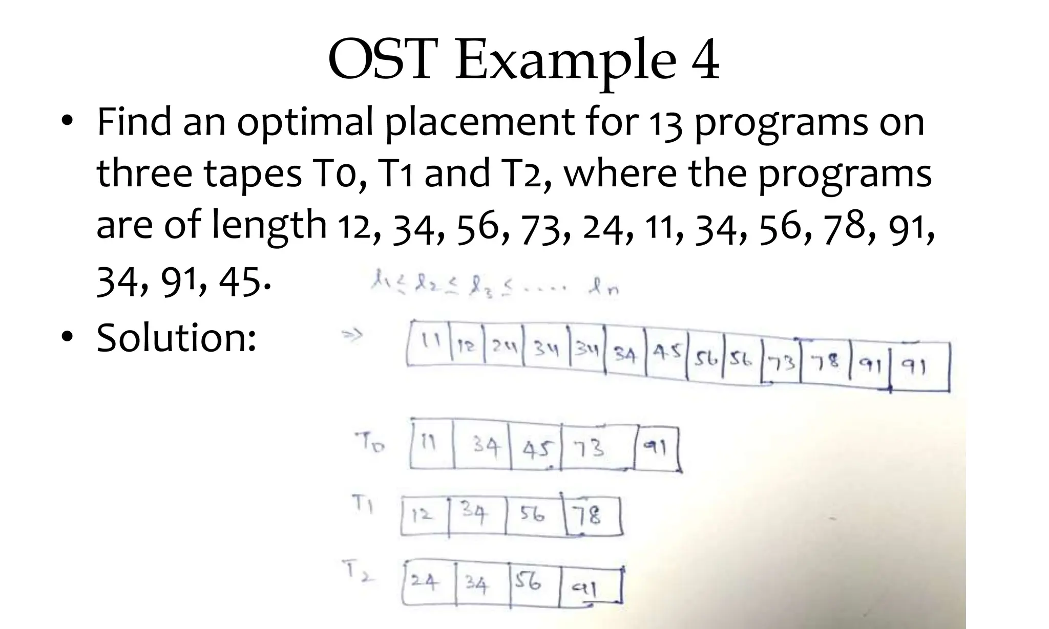 OST Example 4 • Find an optimal placement for 13 programs on three tapes T0, T1 and T2, where the programs are of length 12, 34, 56, 73, 24, 11, 34, 56, 78, 91, 34, 91, 45. • Solution: 