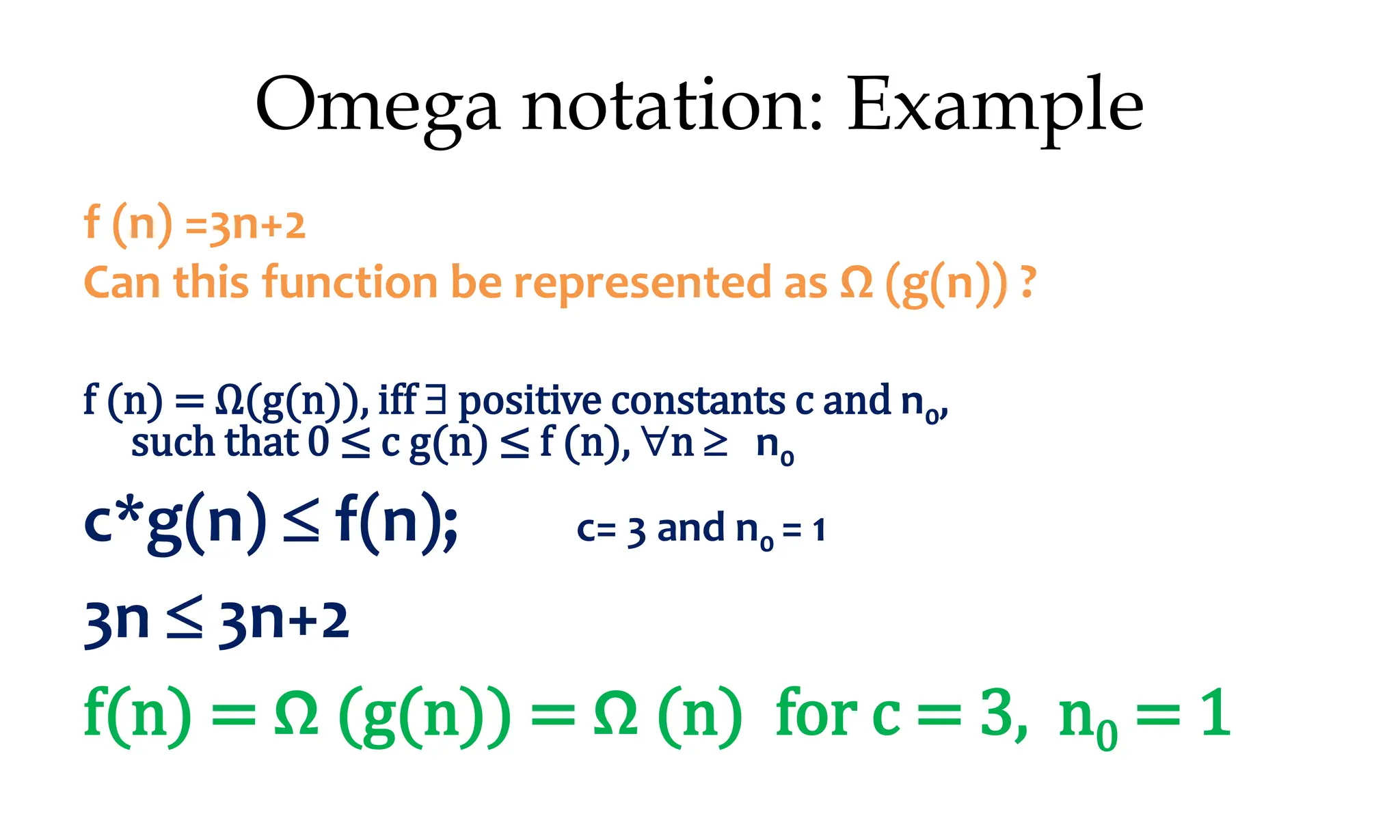 Omega notation: Example f (n) =3n+2 Can this function be represented as Ω (g(n)) ? f (n) = Ω(g(n)), iff  positive constants c and n0, such that 0 ≤ c g(n) ≤ f (n), n  n0 c*g(n)  f(n); c= 3 and n0 = 1 3n  3n+2 f(n) = Ω (g(n)) = Ω (n) for c = 3, n0 = 1 