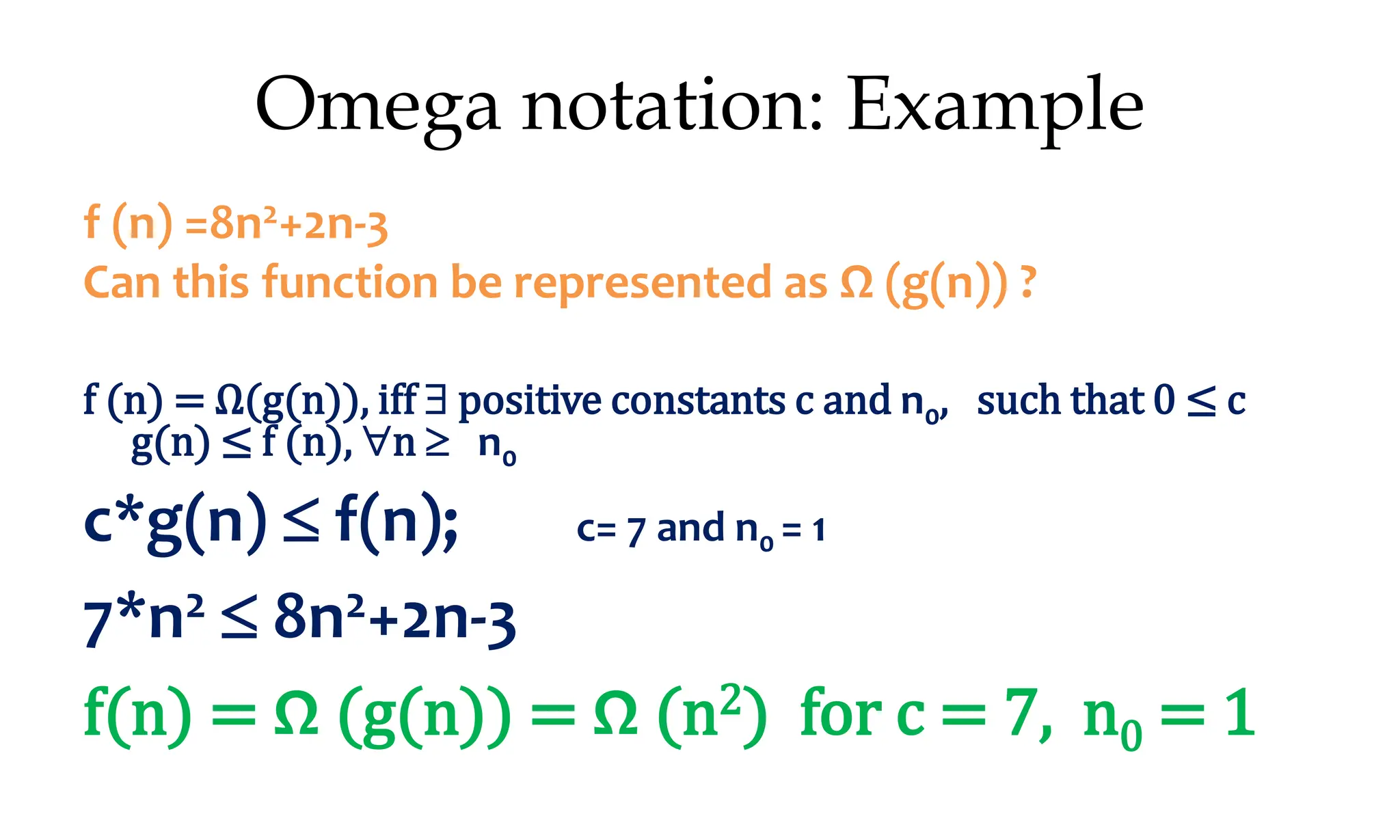 Omega notation: Example f (n) =8n2+2n-3 Can this function be represented as Ω (g(n)) ? f (n) = Ω(g(n)), iff  positive constants c and n0, such that 0 ≤ c g(n) ≤ f (n), n  n0 c*g(n)  f(n); c= 7 and n0 = 1 7*n2  8n2+2n-3 f(n) = Ω (g(n)) = Ω (n2) for c = 7, n0 = 1 