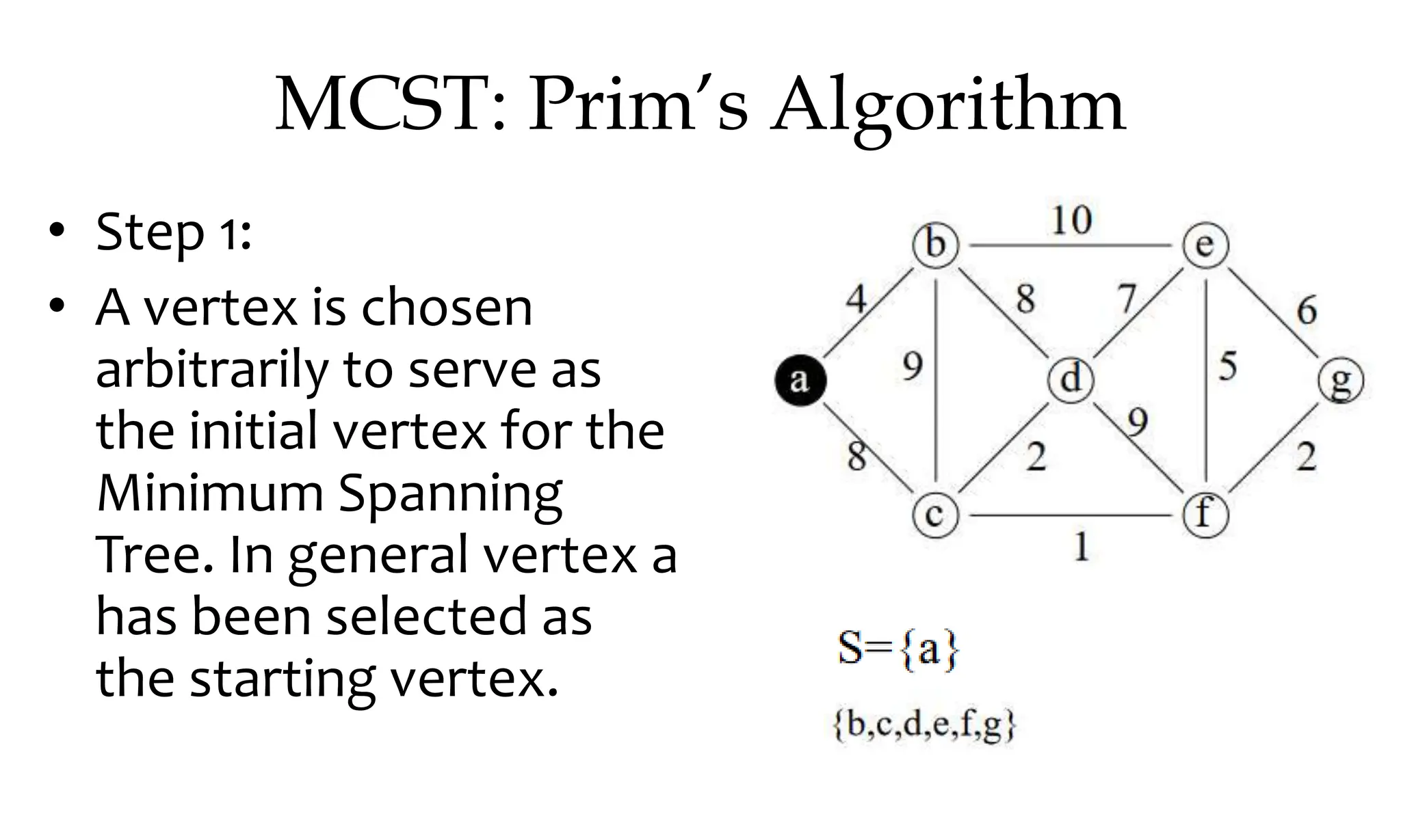 MCST: Prim’s Algorithm • Step 1: • A vertex is chosen arbitrarily to serve as the initial vertex for the Minimum Spanning Tree. In general vertex a has been selected as the starting vertex. 