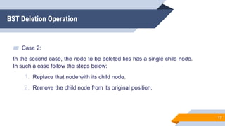 BST Deletion Operation
17
▰ Case 2:
In the second case, the node to be deleted lies has a single child node.
In such a case follow the steps below:
1. Replace that node with its child node.
2. Remove the child node from its original position.
 