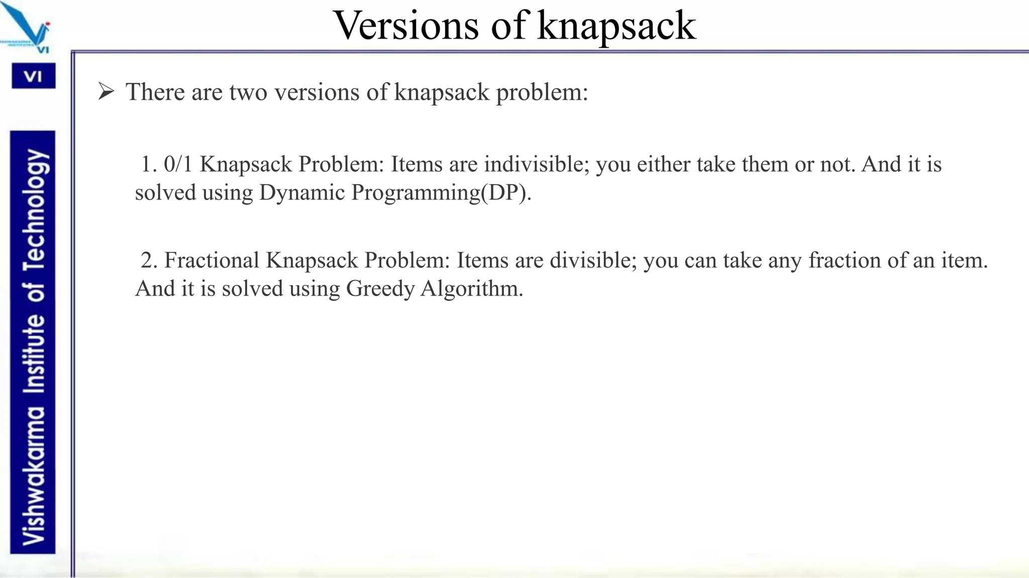 Knapsack problem using greedy approach | PPTX