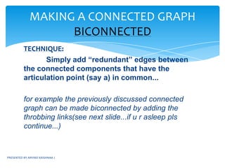 PRESENTED BY ARVIND KRISHNAA JTHE DFS LIST ISELIST MADE IN THE FIRST CALLLIST MADE DURING THE SECOND CALLAs the number of calls made to the function is 2 it means that the graph is not connectedThere are two sets of connected components represented above