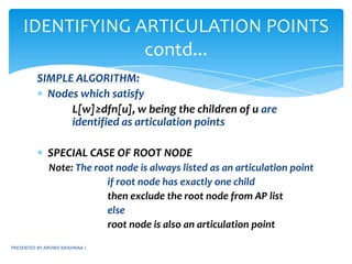 PRESENTED BY ARVIND KRISHNAA JA connected graph156247The articulation points are highlighted...removing them causes disconnection83109