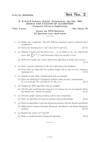 Code No: R05220502                                                 Set No. 2
      II B.Tech II Semester Regular Examinations, Apr/May 2008
              DESIGN AND ANALYSIS OF ALGORITHMS
                   (Computer Science & Engineering)
Time: 3 hours                                         Max Marks: 80
                      Answer any FIVE Questions
                     All Questions carry equal marks
                                 ⋆⋆⋆⋆⋆


  1. (a) Deﬁne time complexity. Describe diﬀerent notations used to represent there
         complexities.
      (b) Derive the function f(n)= 12n2 +6n is 0(n3 ) and w(n).                       [10+6]

  2. (a) Suppose a binary tree has leaves ℓ1 ℓ2 .......lm at depths d1 , d2 ....dm respectively
                       m
          prove that         2−di ≤ 1 and determine when the equality is true.
                       i=1

      (b) Write and explain the control abstraction algorithm of divide and conquer.
                                                                                [8+8]

  3. (a) Write a greedy algorithm to the Job sequencing with deadlines.
      (b) Prove that the edge with the smallest weight will be part of every minimum
          spanning tree.                                                        [8+8]

  4. (a) Explain matrix chain multiplication with an example.
      (b) Solve the following 0/1 Knapsack problem using dynamic programming
          P=(11,21,31,33), W=(2,11,22,15), C=40, n=4.                        [8+8]

  5. (a) Explain the BFS algorithm with an example.
      (b) The Preorder and Postorder sequences of a binary tree do not uniquely deﬁne
          the binary tree. Justify the answer.                                  [8+8]

  6. (a) Describe graph coloring problem and its time complexity.
      (b) Write an algorithm of 8-queens problem using backtracking.                     [8+8]

  7. (a) Write an algorithm to solve the Knapsack problem with the Branch and Bound
      (b) Diﬀerentiate between Dynamic Knapsack and Branch and Bound Knapsack
          problem.                                                     [10+6]

  8. (a) Explain the classes of P and NP.
      (b) Write a nondeterministic Knapsack algorithm.                                   [8+8]


                                           ⋆⋆⋆⋆⋆




                                            1 of 1
 