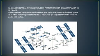 DAARA ANDREA CUELLAR HIDALGO
LA ESTACION ESPACIAL INTERNACIONAL ES LA PRIMERA ESTACION O NAVE TRIPULADA EN
EL ESPACIO
Está a estado en construcción desde 1998 de igual forma es el objeto artificial mas grande
en la orbita terrestre y necesito mas de 13 viajes para que se puedan trasladar todas sus
partes (100 partes).
 