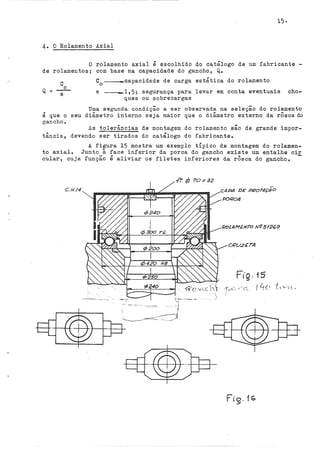 15·
4. O Rolamento Axial
O rolamento axial é escolhido do catálogo de um fabricante -
de rolamentos; com base na capacidade do ga.ncho, Q..
c
Q. =_o_
9
C0
------capacidade üe carga estática do rolamento
------1,5; segurança para levar em conta eventuais cho-
ques ou sobrecargas
s
Uma segunda condição a ser observada na seleção do rolamento
é que o seu diâmetro interno seja maior que o diâmetro externo da rôscado
gancho.
As tolerâncias de montagem do rolamento são de grande impor-
tância, devendo ser tirados do catálogo do fabricante.
A figura 15 mostra um exemplo tÍpico de montagem do rolamen-
to axial. Junto à face inferior da porca do gancho existe um entalhe cir
cular, cuja função é aliviar os filetes inferiores da rôsca do gancho. -
.f~ t/J '70 X 32
C. f.! /4
C,QU.zGTA
Fig. 15
·r:,t_. <-t;::._
I
 