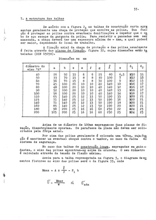 33·
1. A estrutura das talhas
De acÔrdo com a figura 2, as talhas de construção curta apr~
sentam geralmente uma chapa de proteção que envolve_as polias. Sua fun-
ção é proteger as polias contra eventuais danificaçoes e impedir que o ca
bo de aço escape da garganta da polia. Para resistir a pancadas sem ser
amassada, a chapa deverá ter uma espessura mÍnima de - 4mm, a qual poderá
ser maior, dependendo do local de trabalho.
A fixação axial da chapa de proteção e das polias usualmente
é feita a través das placas de fixação, figura 32., cujas dimensões estão t~
baladas (DIN 15058).
DimensÕes em mm
diâmetro do
b f J. dl d2
eixo "d"
a c e: g X
40 26 50 15 6 6 25 80 6,5 m.o 11
50 33 70 15 8 8 30 100 7 Ml2 13
60 36 70 15 8 8 30 100 9 Ml2 13
70 45 100 20 10 10 40 140 10 Ml6 17
80 48 100 20 10 10 40 140 12 M16 17
90 52 100 20 10 10 40 140 13 Ml6 17
100 56 100 20 10 10 40 140 14 Ml6 17
110 65 140 25 12 13 50 190 15 M20 21
125 71 140 25 12 13 50 190 16 M20 21
140 71 140 25 12 13 50 190 18 M20 21
160 85 140 25 12 13 50 190 20 M20 21
180 98 200 25 16 16 60 250 22 M24 25
200 105 200 25 16 16 60 250 25 M24 25
Acima de um diâmetro de lOOmm empregam-se duas placas de fi-
xação, diametralmente opostas. Os parafusos da placa não devem ser soli-
citados pela fÔrça axial.
- #
Por cima das polias geralmente é colocada uma tábua, cujafun
çao e amortecer um eventual choque contra o tambor, no caso da falha do
sistema de segurança.
No caso das talhas de construção longa, empregadas em guin-
dastes, o eixo das polias encontram-se acima da cruzeta. O seu diâmetro
é calculado através da tensão de flexão máxima.
Assim para a talha representada na figura 3, o diagrama dem~
mantos fletores no eixo das polias será o da figura 33, onde
Mmax "" A x
Mmax
w
- P. b
~
~
- U:dm
 