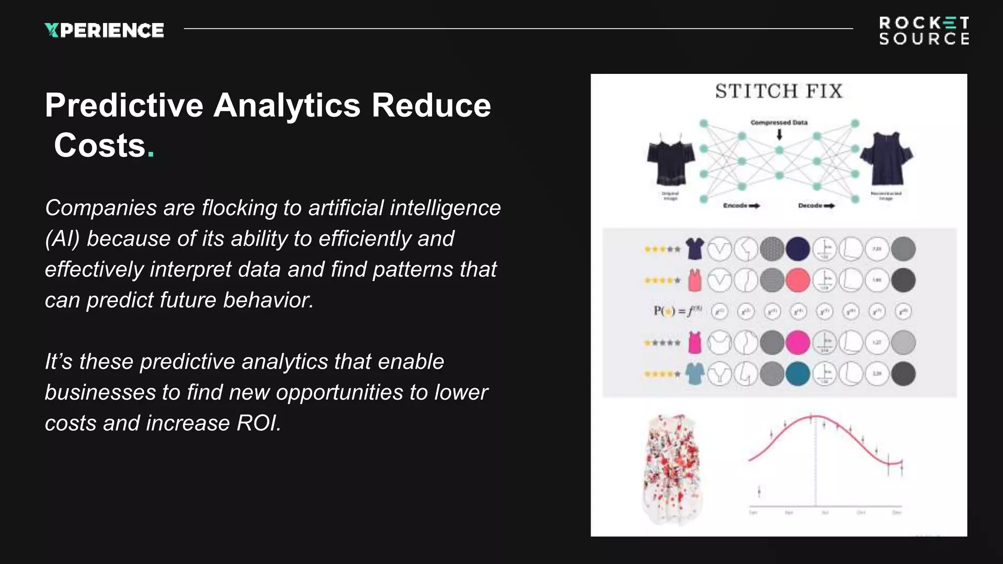 Companies are flocking to artificial intelligence
(AI) because of its ability to efficiently and
effectively interpret data and find patterns that
can predict future behavior.
It’s these predictive analytics that enable
businesses to find new opportunities to lower
costs and increase ROI.
Predictive Analytics Reduce
Costs.
 