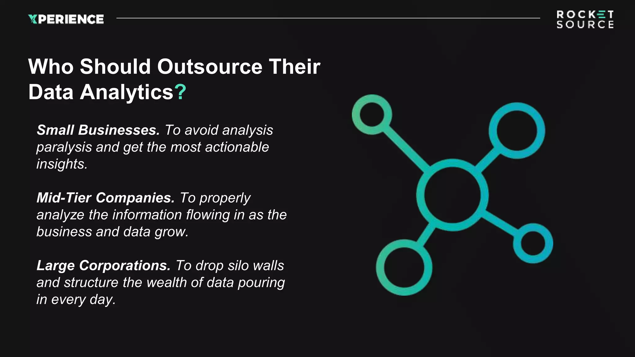 Who Should Outsource Their
Data Analytics?
Small Businesses. To avoid analysis
paralysis and get the most actionable
insights.
Mid-Tier Companies. To properly
analyze the information flowing in as the
business and data grow.
Large Corporations. To drop silo walls
and structure the wealth of data pouring
in every day.
 