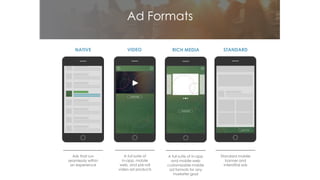 Ads that run
seamlessly within
an experience
NATIVE
A full suite of
in-app, mobile
web, and pre-roll
video ad products
VIDEO
A full suite of in-app
and mobile web
customizable mobile
ad formats for any
marketer goal
RICH MEDIA
Standard mobile
banner and
interstitial ads
STANDARD
Ad Formats
 