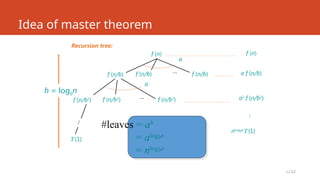 L2.62
f (n/b)
Idea of master theorem
f (n/b) f (n/b)
T (1)
…
Recursion tree:
…
f (n)
a
f (n/b2
)
f (n/b2
) f (n/b2
)
…
a
h = logbn
f (n)
a f (n/b)
a2
f (n/b2
)
…
#leaves = ah
= alogbn
= nlogba
nlogba
T (1)
 