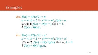 L2.69
Examples
Ex. T(n) = 4T(n/2) + n
a = 4, b = 2  nlogba
= n2
; f(n) = n.
CASE 1: f(n) = O(n2 – e
) for e = 1.
 T(n) = Q(n2
).
Ex. T(n) = 4T(n/2) + n2
a = 4, b = 2  nlogba
= n2
; f(n) = n2
.
CASE 2: f(n) = Q(n2
lg0
n), that is, k = 0.
 T(n) = Q(n2
lgn).
 
