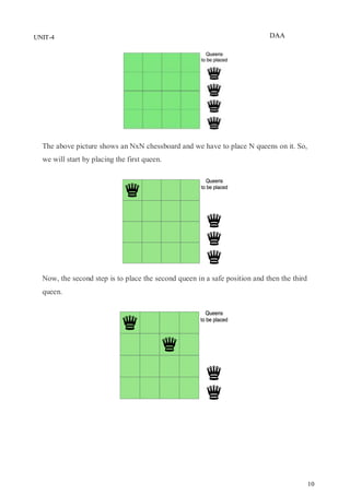 DAA
10
UNIT-4
The above picture shows an NxN chessboard and we have to place N queens on it. So,
we will start by placing the first queen.
Now, the second step is to place the second queen in a safe position and then the third
queen.
 