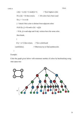 DAA
24
UNIT-4
x [k]: = (x [k] +1) mod(m+1) // Next highest color.
If (x [k] = 0) then return; // All colors have been used
for j := 1 to n do
{ // check if this color is distinct from adjacent colors
if ((G [k, j] ≠ 0) and (x [k] = x[j]))
// If (k, j) is and edge and if adj. vertices have the same color.
then break;
}
if (j = n+1) then return; // New colorfound
}until(false); // Otherwise try to find anothercolor.
}
Example:
Color the graph given below with minimum number of colors by backtracking using
state space tree
 