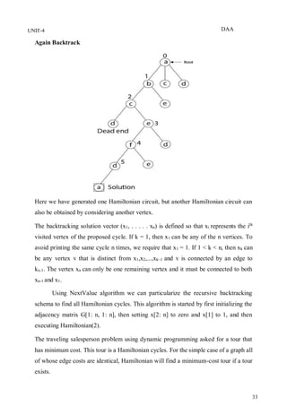 DAA
33
UNIT-4
Again Backtrack
Here we have generated one Hamiltonian circuit, but another Hamiltonian circuit can
also be obtained by considering another vertex.
The backtracking solution vector (x1, . . . . . xn) is defined so that xi represents the ith
visited vertex of the proposed cycle. If k = 1, then x1 can be any of the n vertices. To
avoid printing the same cycle n times, we require that x1 = 1. If 1 < k < n, then xk can
be any vertex v that is distinct from x1,x2,...,xk–1 and v is connected by an edge to
kx-1. The vertex xn can only be one remaining vertex and it must be connected to both
xn-1 and x1.
Using NextValue algorithm we can particularize the recursive backtracking
schema to find all Hamiltonian cycles. This algorithm is started by first initializing the
adjacency matrix G[1: n, 1: n], then setting x[2: n] to zero and x[1] to 1, and then
executing Hamiltonian(2).
The traveling salesperson problem using dynamic programming asked for a tour that
has minimum cost. This tour is a Hamiltonian cycles. For the simple case of a graph all
of whose edge costs are identical, Hamiltonian will find a minimum-cost tour if a tour
exists.
 