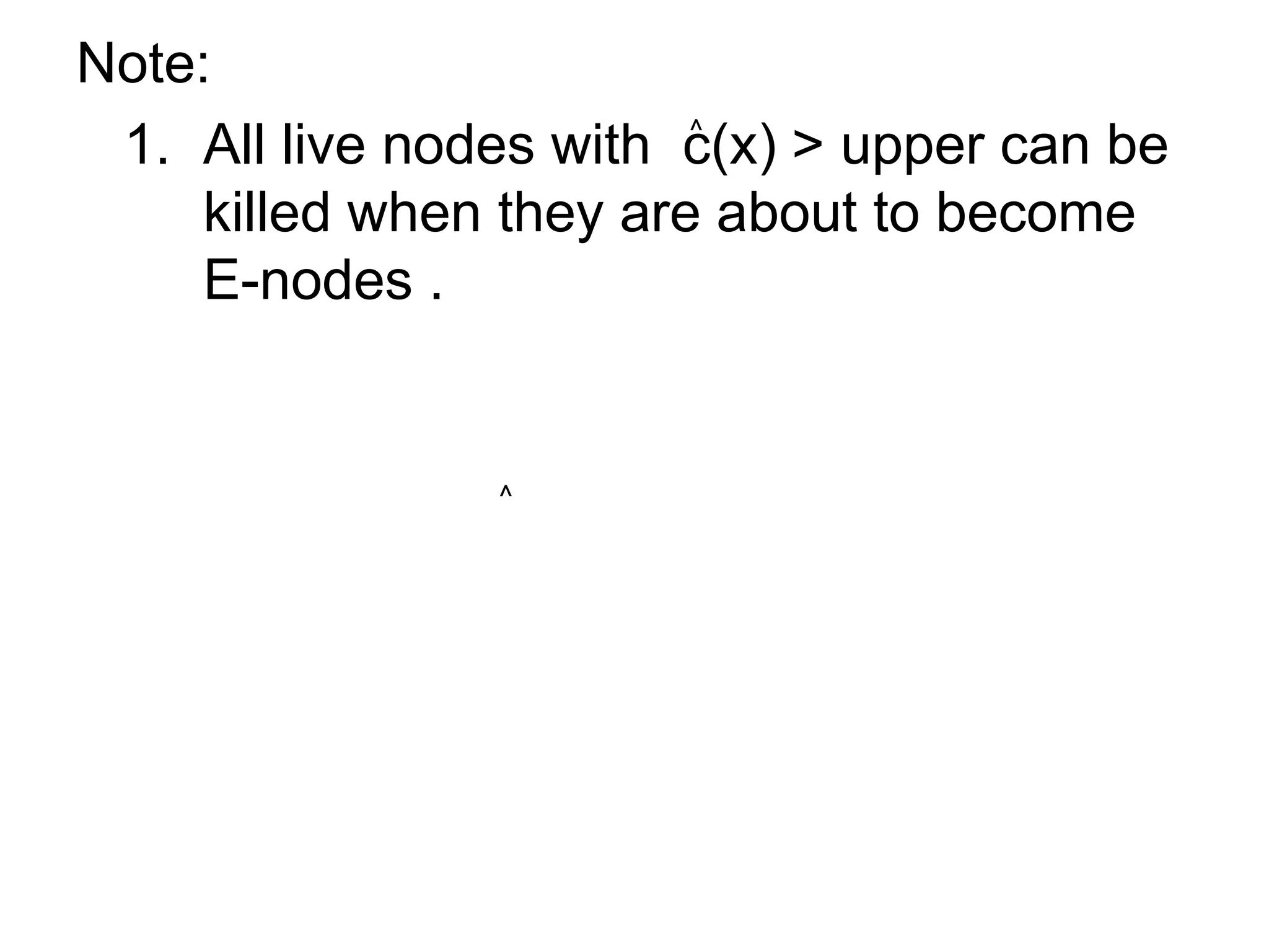 Note:
1. All live nodes with c(x) > upper can be
killed when they are about to become
E-nodes .
^
^
 