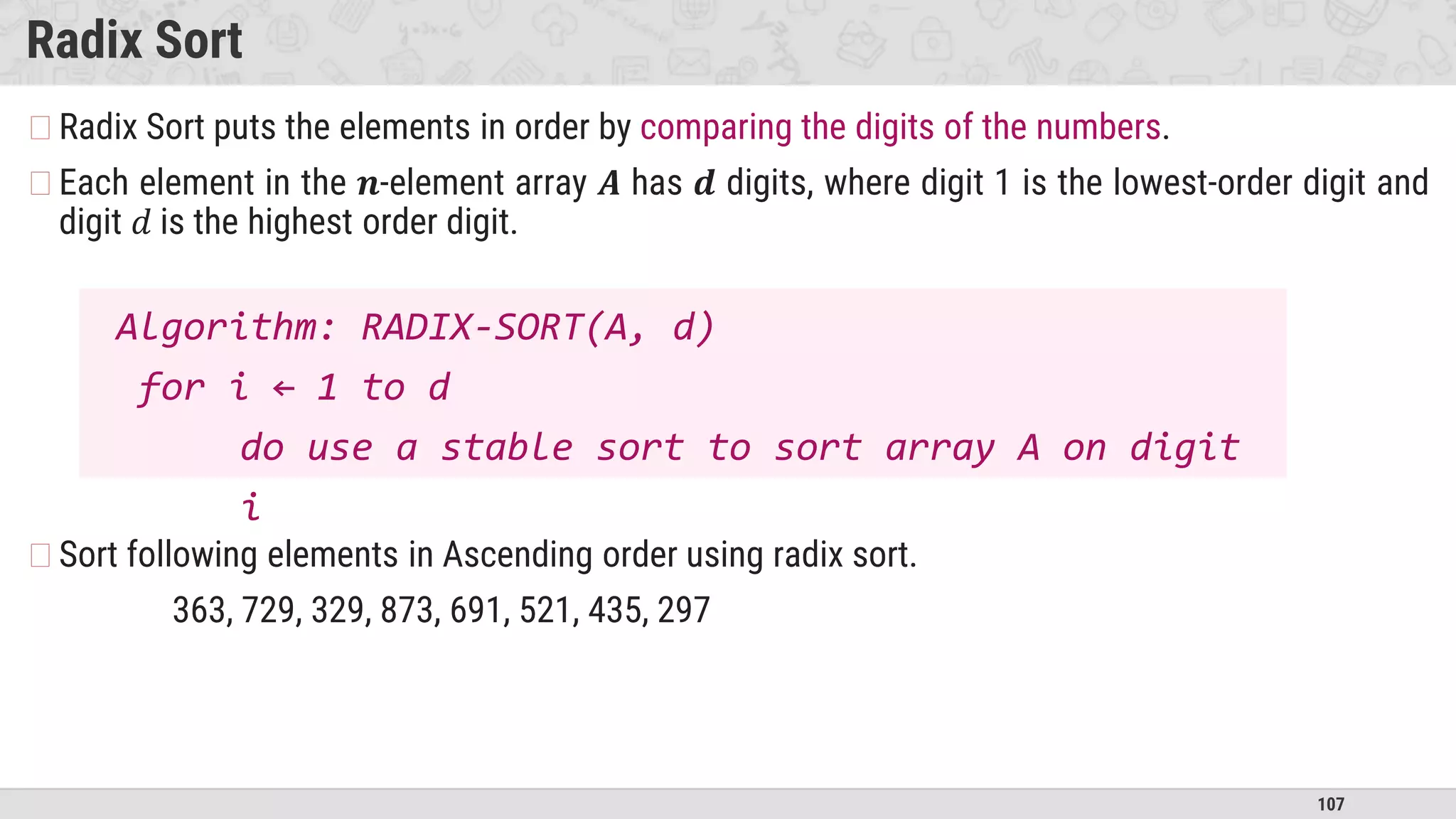 107
Radix Sort
�Radix Sort puts the elements in order by comparing the digits of the numbers.
�Each element in the 𝒏-element array 𝑨 has 𝒅 digits, where digit 1 is the lowest-order digit and
digit 𝑑 is the highest order digit.
�Sort following elements in Ascending order using radix sort.
363, 729, 329, 873, 691, 521, 435, 297
Algorithm: RADIX-SORT(A, d)
for i ← 1 to d
do use a stable sort to sort array A on digit
i
 