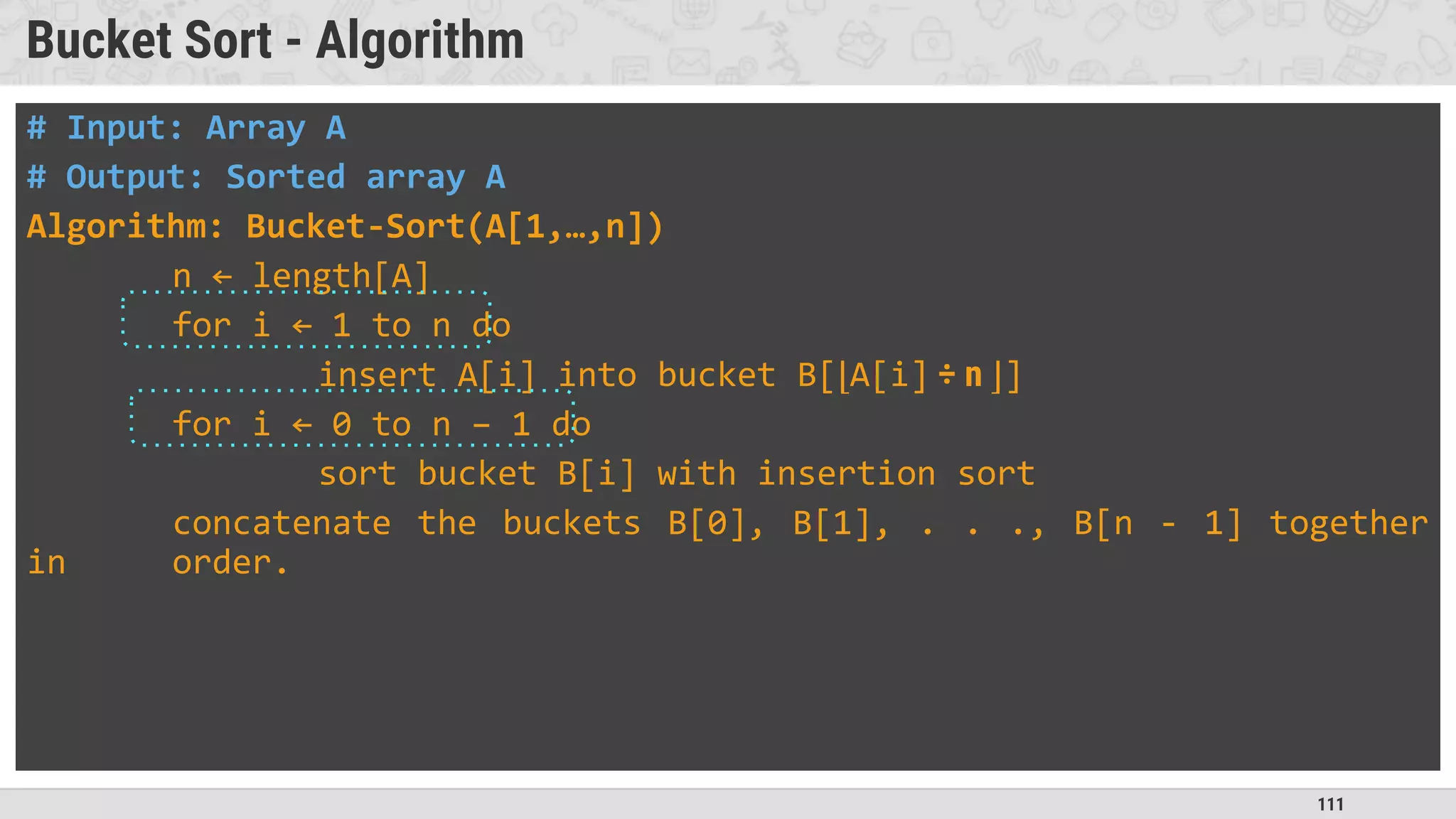 111
Bucket Sort - Algorithm
# Input: Array A
# Output: Sorted array A
Algorithm: Bucket-Sort(A[1,…,n])
n ← length[A]
for i ← 1 to n do
insert A[i] into bucket B[⌊A[i] ÷ n ⌋]
for i ← 0 to n – 1 do
sort bucket B[i] with insertion sort
concatenate the buckets B[0], B[1], . . ., B[n - 1] together
in order.
 