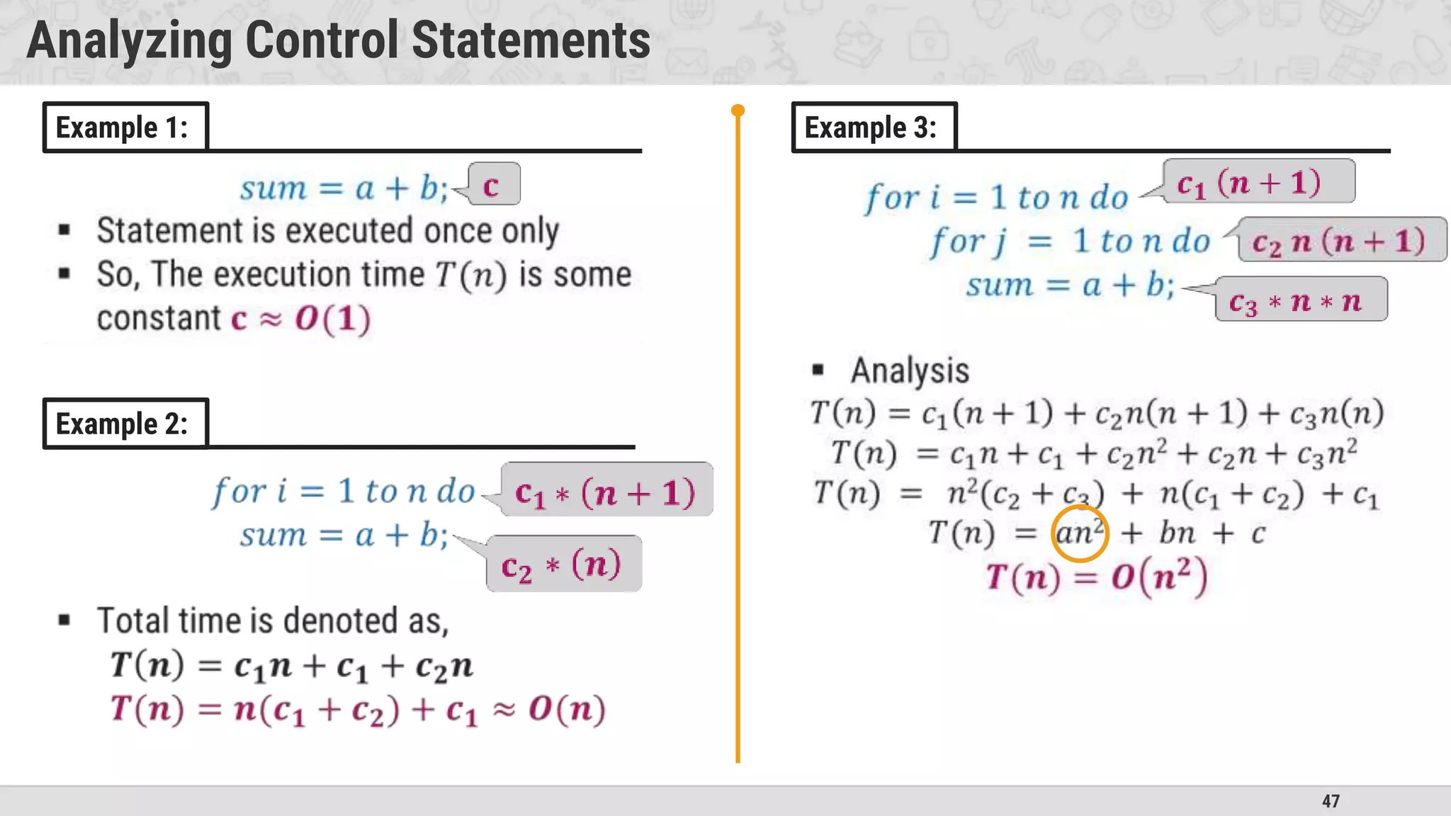 47
Analyzing Control Statements
Example 1:
Example 2:
Example 3:
 