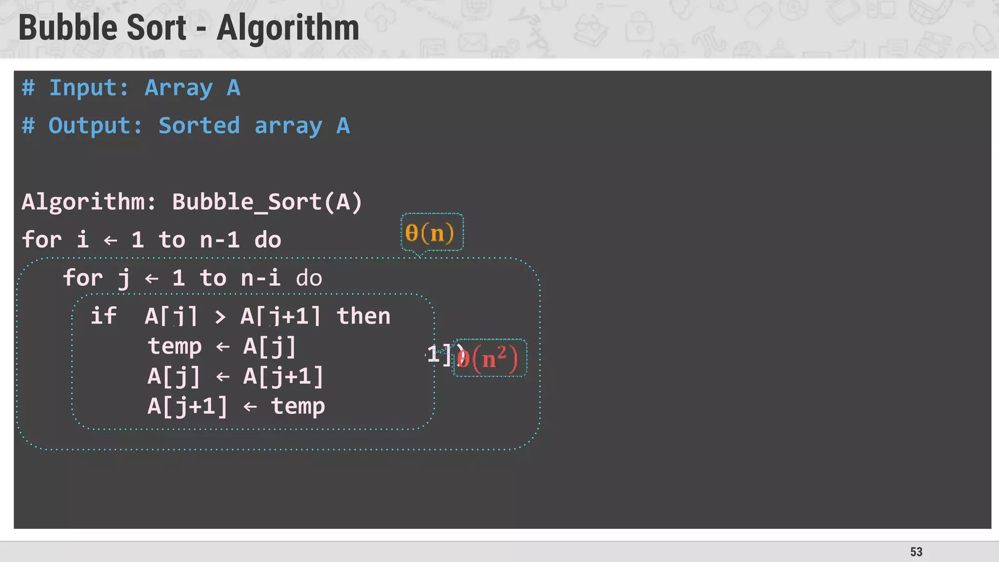 53
Bubble Sort - Algorithm
# Input: Array A
# Output: Sorted array A
Algorithm: Bubble_Sort(A)
for i ← 1 to n-1 do
for j ← 1 to n-i do
if A[j] > A[j+1] then
swap(A[j], A[j+1])
temp ← A[j]
A[j] ← A[j+1]
A[j+1] ← temp
 