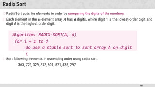 107
Radix Sort
�Radix Sort puts the elements in order by comparing the digits of the numbers.
�Each element in the 𝒏-element array 𝑨 has 𝒅 digits, where digit 1 is the lowest-order digit and
digit 𝑑 is the highest order digit.
�Sort following elements in Ascending order using radix sort.
363, 729, 329, 873, 691, 521, 435, 297
Algorithm: RADIX-SORT(A, d)
for i ← 1 to d
do use a stable sort to sort array A on digit
i
 