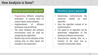 11
How Analysis is Done?
Theoretical (priori) approach
Empirical (posteriori) approach
▪ Programming different competing
techniques & running them on
various inputs using computer.
▪ Implementation of different
techniques may be difficult.
▪ The same hardware and software
environments must be used for
comparing two algorithms.
▪ Results may not be indicative of the
running time on other inputs not
included in the experiment.
 