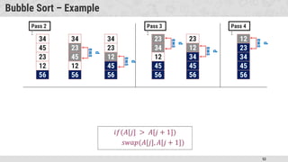 52
Bubble Sort – Example
Pass 2
:
34
45
23
12
56
34
45
23
12
56
34
23
45
12
56
34
23
12
45
56
swa
p
23
45
swa
p
12
45
Pass 3
:
23
34
12
45
56
23
12
34
45
56
swa
p
23
34
swa
p
12
34
Pass 4
:
swa
p
12
23
 
