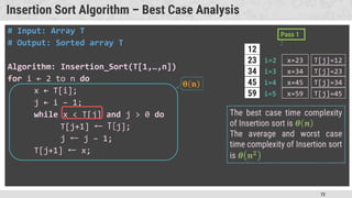 72
Insertion Sort Algorithm – Best Case Analysis
# Input: Array T
# Output: Sorted array T
Algorithm: Insertion_Sort(T[1,…,n])
for i ← 2 to n do
x ← T[i];
j ← i – 1;
while x < T[j] and j > 0 do
T[j+1] ← T[j];
j ← j – 1;
T[j+1] ← x;
34
45
59
12
23 x=23
T[j]=23
T[j]=34
T[j]=45
i=2
i=3
i=4
i=5
Pass 1
:
T[j]=12
x=34
x=45
x=59
 