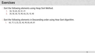 93
Exercises
�Sort the following elements using Heap Sort Method.
1. 34, 18, 65, 32, 51, 21
2. 20, 50, 30, 75, 90, 65, 25, 10, 40
�Sort the following elements in Descending order using Hear Sort Algorithm.
1. 65, 77, 5, 23, 32, 45, 99, 83, 69, 81
 