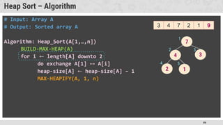 99
Heap Sort – Algorithm
�
7
4 3
2 1
1
2 3
4 5
3 4 7 2 1 9
 