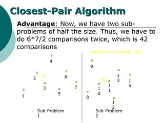 Advantage: Now, we have two sub-
problems of half the size. Thus, we have to
do 6*7/2 comparisons twice, which is 42
comparisons
1
2
3
4
5
6
7
8
9
1
0
1
1
1
2
1
3 1
4
Closest-Pair Algorithm
d1
d2
Sub-Problem
1
Sub-Problem
2
solution d = min(d1, d2)
 